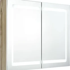 Kylpyhuoneen LED-peilikaappi, valkoinen ja tammi, 80x12x68cm - FinePRICE New
