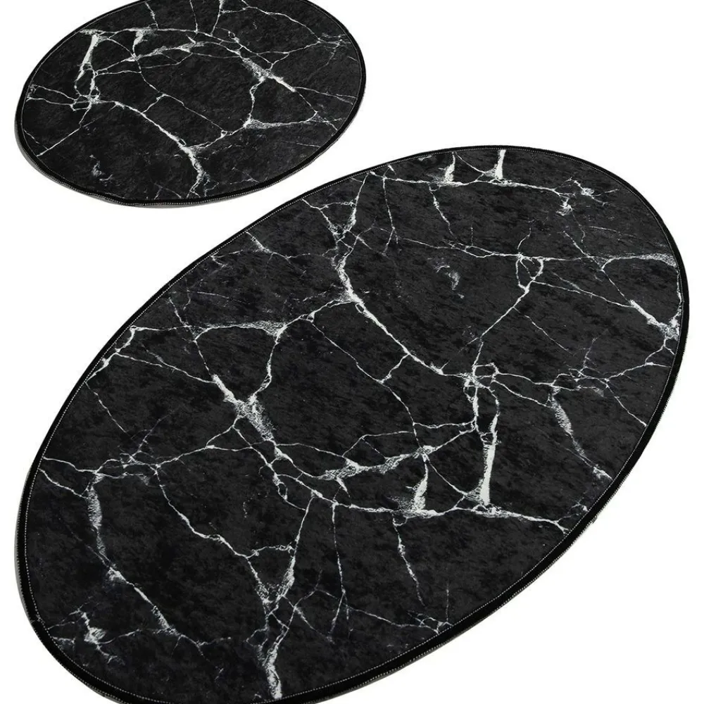 Kylpyhuonemattosetti Marble Oval, 2kpl, musta - Linento New