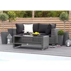 Oleskeluryhmä Bahamas 2-istuttava sohva + sohvapöytä hyllyllä tummanharmaa/musta - Comfort Garden Clearance