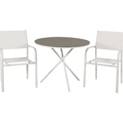 Parvekeryhmä , ø90cm harmaa-valkoinen Parma-pöytä + 2 valkoista, pinottavaa Santorini-tuolia - Venture Home Best