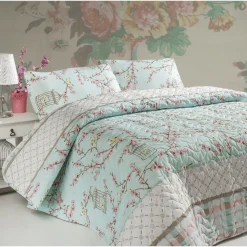 Päiväpeitto + tyynyliina Birdcage, 160x220cm + 50x70cm, turkoosi - Linento Hot
