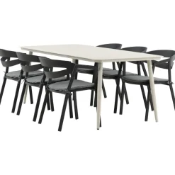 Ruokailuryhmä ulos , beige Lina-pöytä 200x90cm + 6 mustaa Slit-tuolia - Venture Home Discount