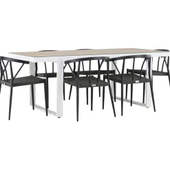 Ruokailuryhmä , 200x90cm, beige/valkoinen Merlo-pöytä + 6 mustaa Stina-tuolia - Venture Home Sale