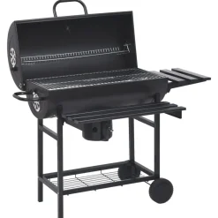 Tynnyrigrilli renkailla ja hyllyillä teräs 115x85x95 cm musta - FinePRICE Hot